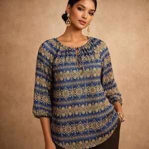 Fun 2 Fun Blue and Gold Patterned Blouse